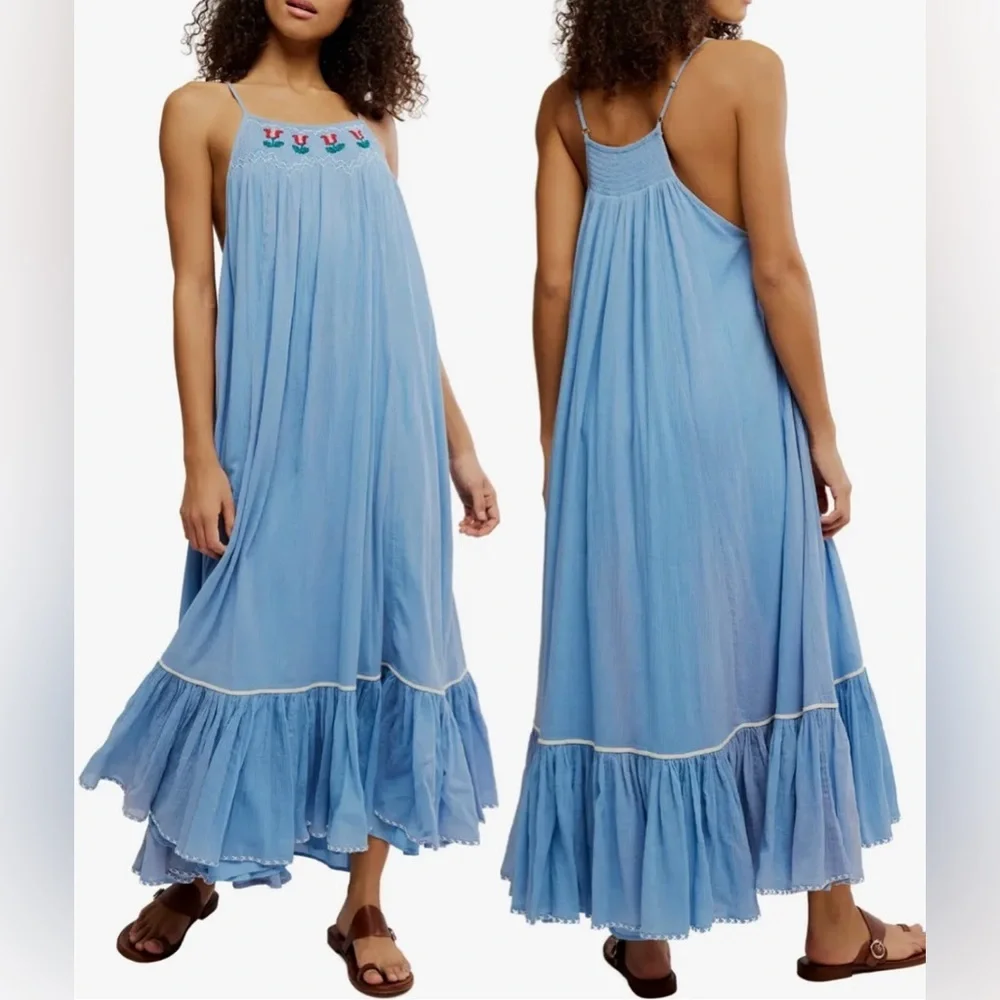 NEW Free People Tip Toeing Tulip Embroidered Gauze maxi Blue Dress sz M - Picture 2 of 8